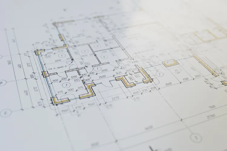 Bouwkundige plattegrond met maatvoering en details, zoals je die bij bouwkunde leert lezen en maken