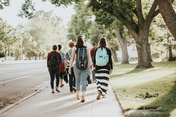 Studenten met rugzakken lopen over een stoep langs een laan, onderweg naar hun opleiding